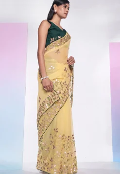 Embroidered Organza Saree in Yellow