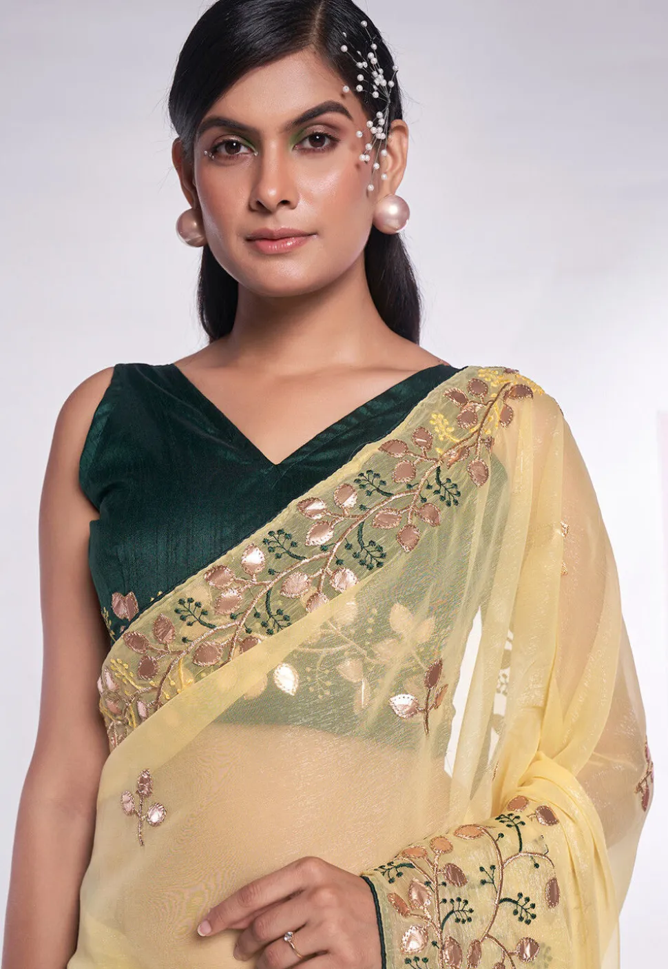Embroidered Organza Saree in Yellow
