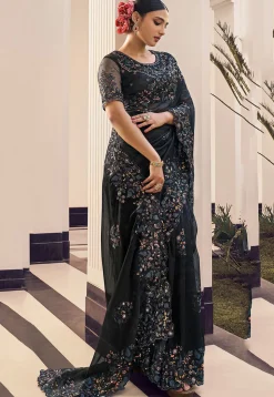Embroidered Organza Saree in Black