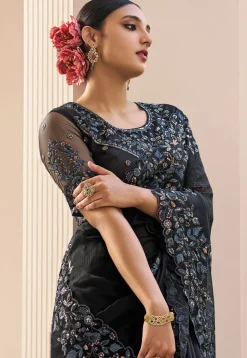 Embroidered Organza Saree in Black