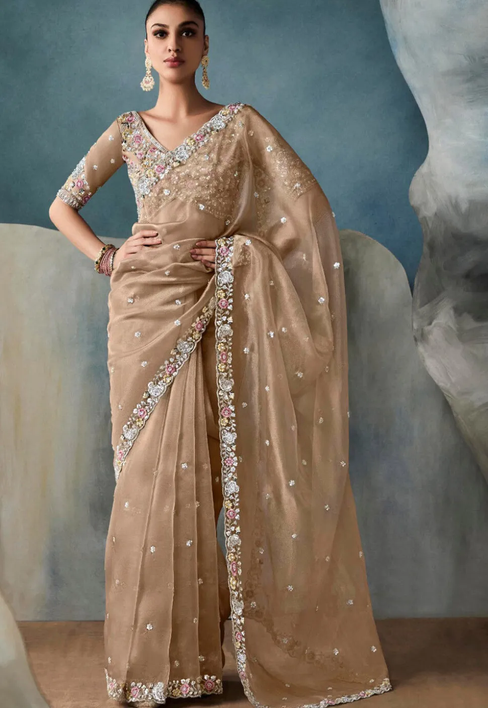 Embroidered Organza Scalloped Saree in Beige