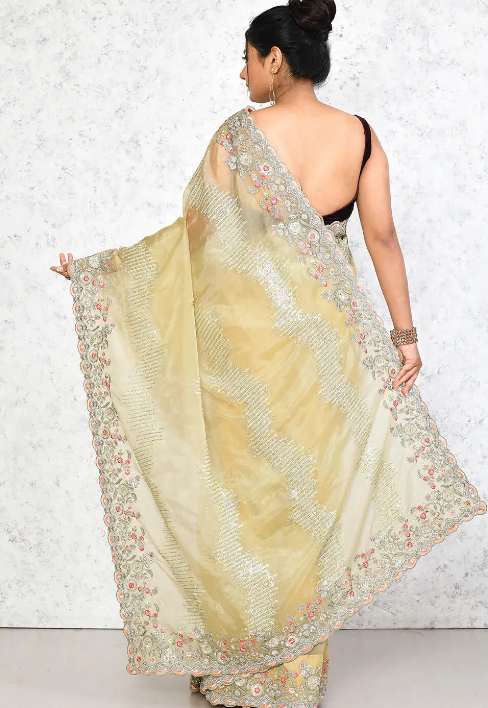 Embroidered Organza Scalloped Saree in Light Yellow