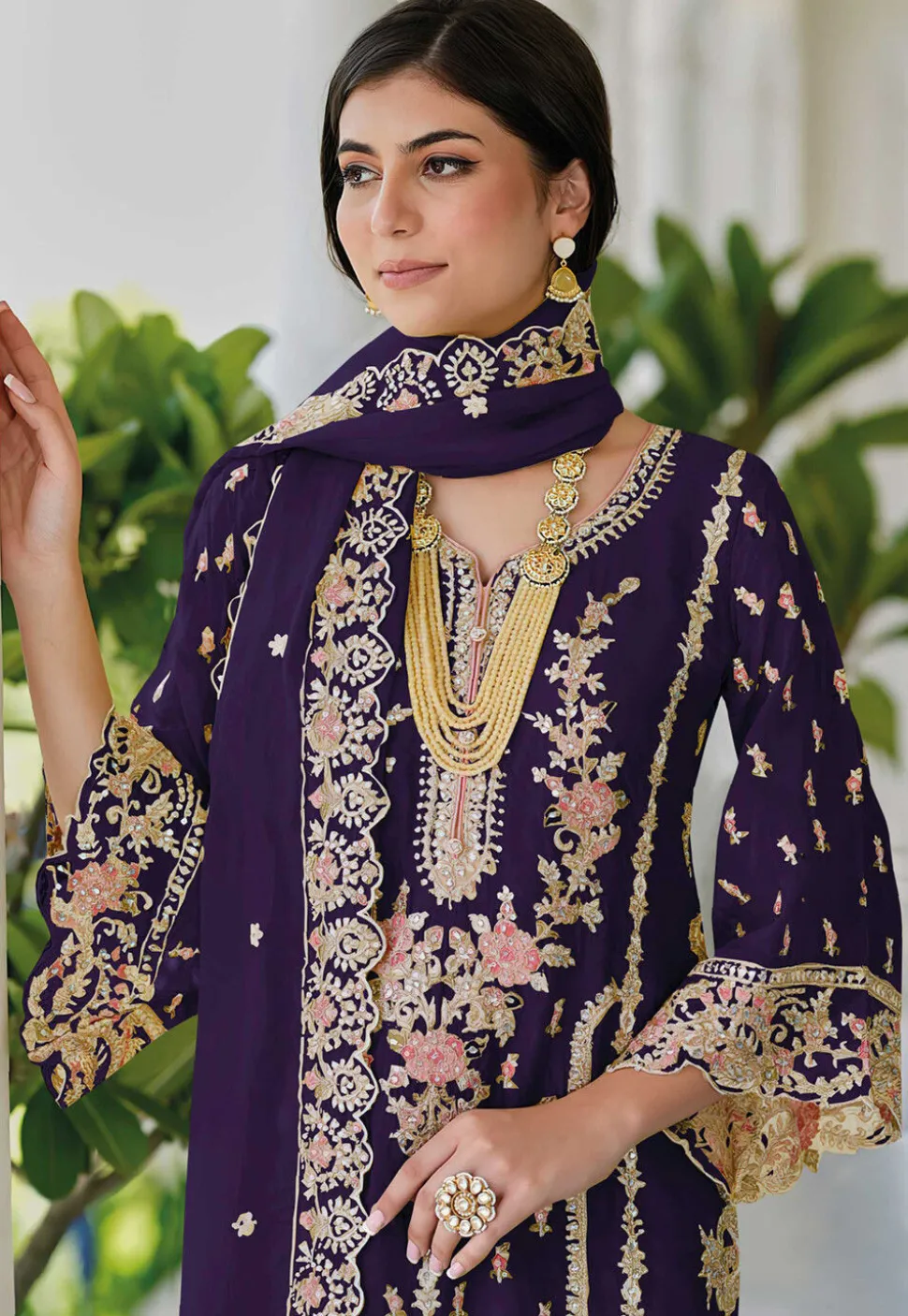 Embroidered Organza Scalloped Pakistani Suit in Purple