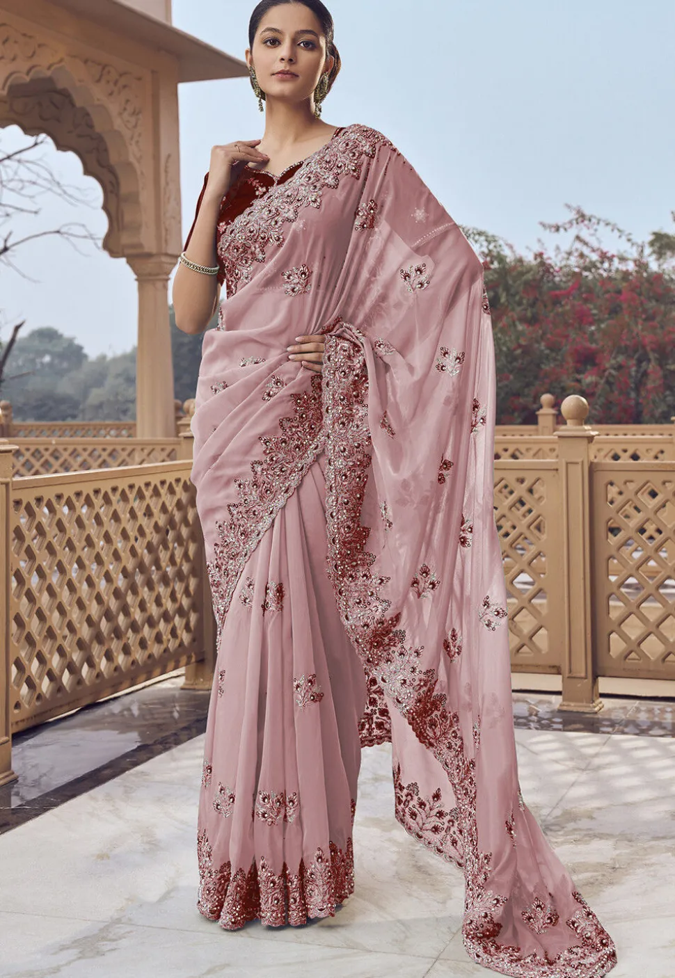Embroidered Organza Scalloped Saree in Peach