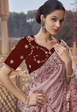 Embroidered Organza Scalloped Saree in Peach