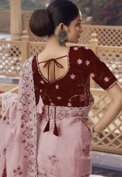 Embroidered Organza Scalloped Saree in Peach