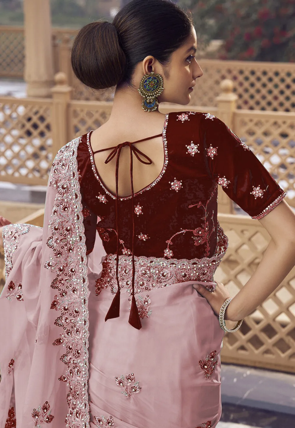 Embroidered Organza Scalloped Saree in Peach