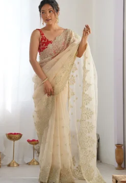 Embroidered Organza Scalloped Saree in Cream