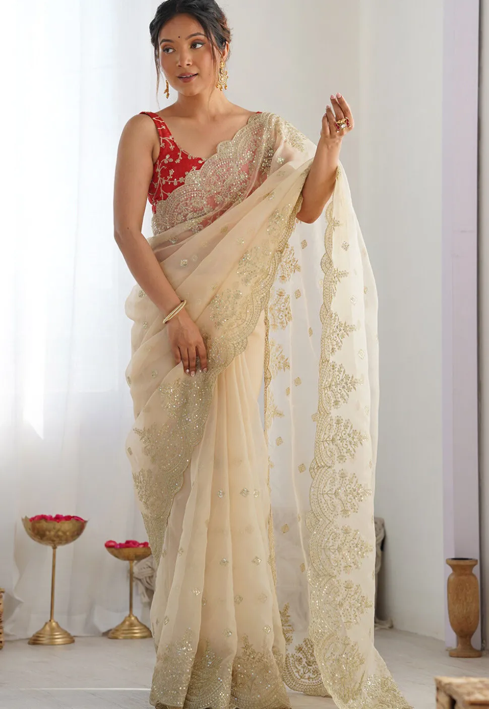 Embroidered Organza Scalloped Saree in Cream