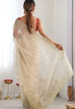 Embroidered Organza Scalloped Saree in Cream