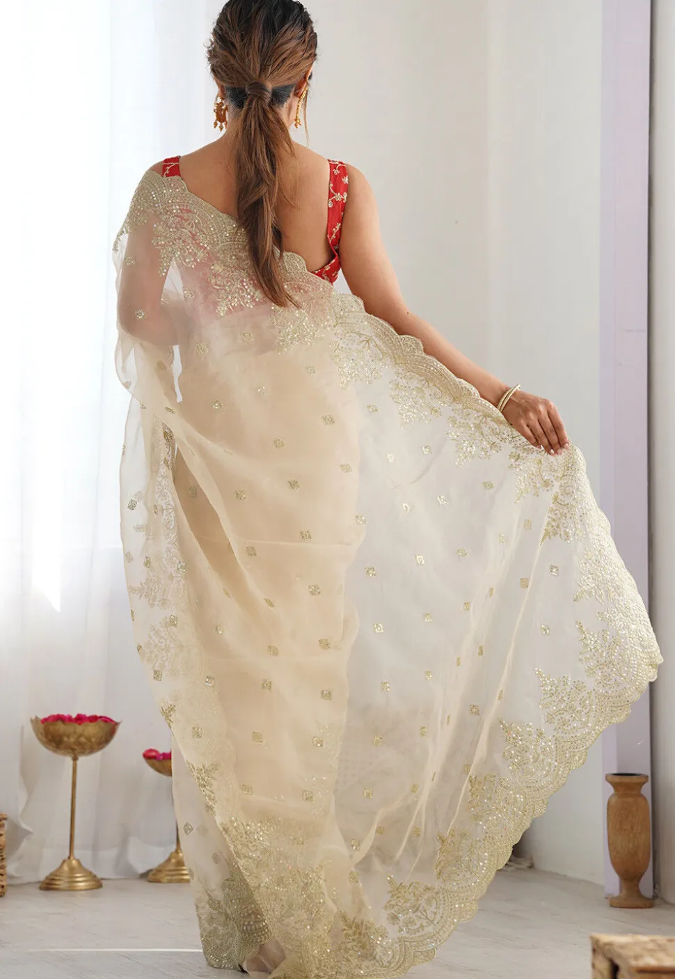 Embroidered Organza Scalloped Saree in Cream