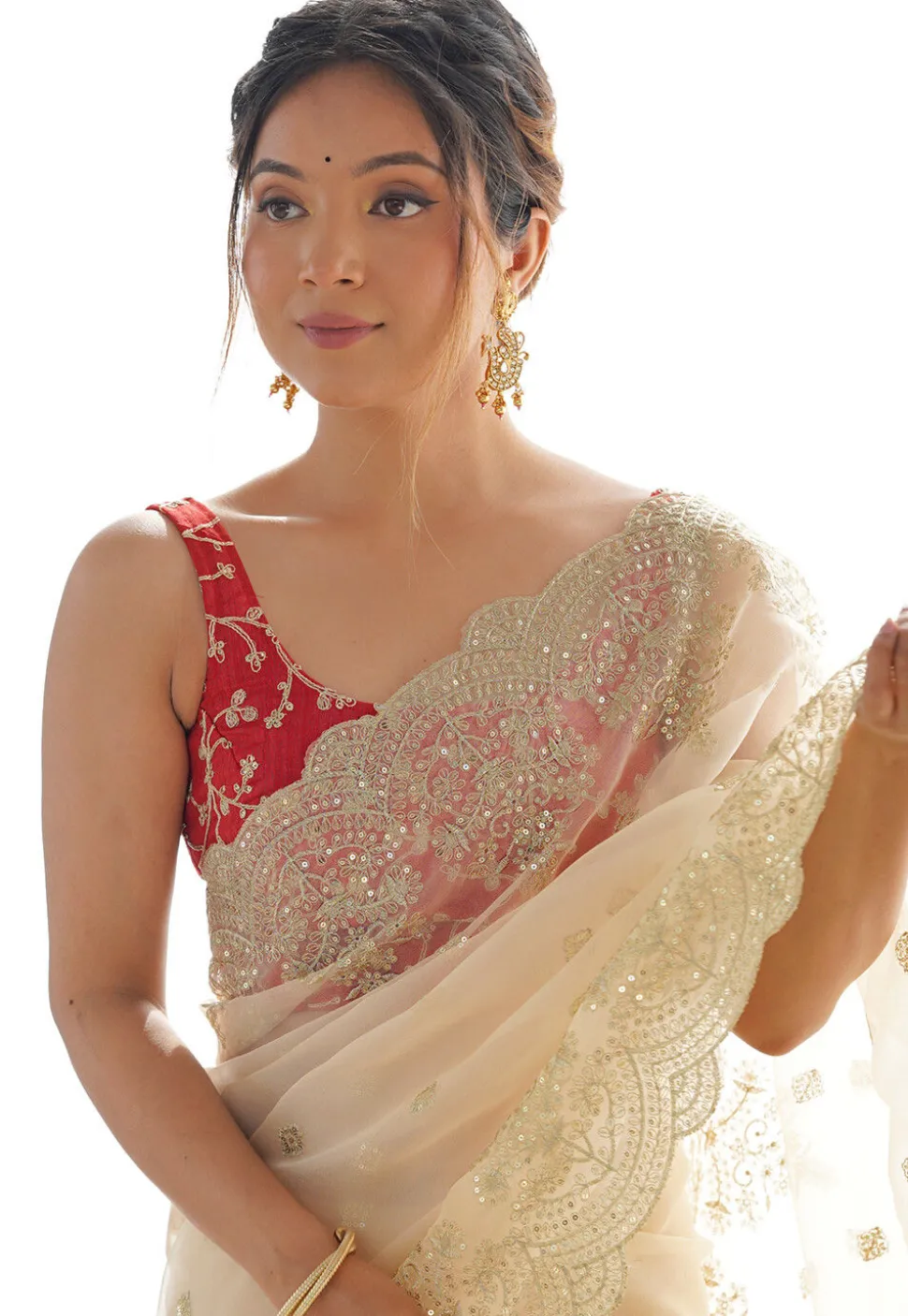 Embroidered Organza Scalloped Saree in Cream