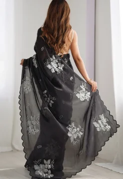 Embroidered Organza Scalloped Saree in Black