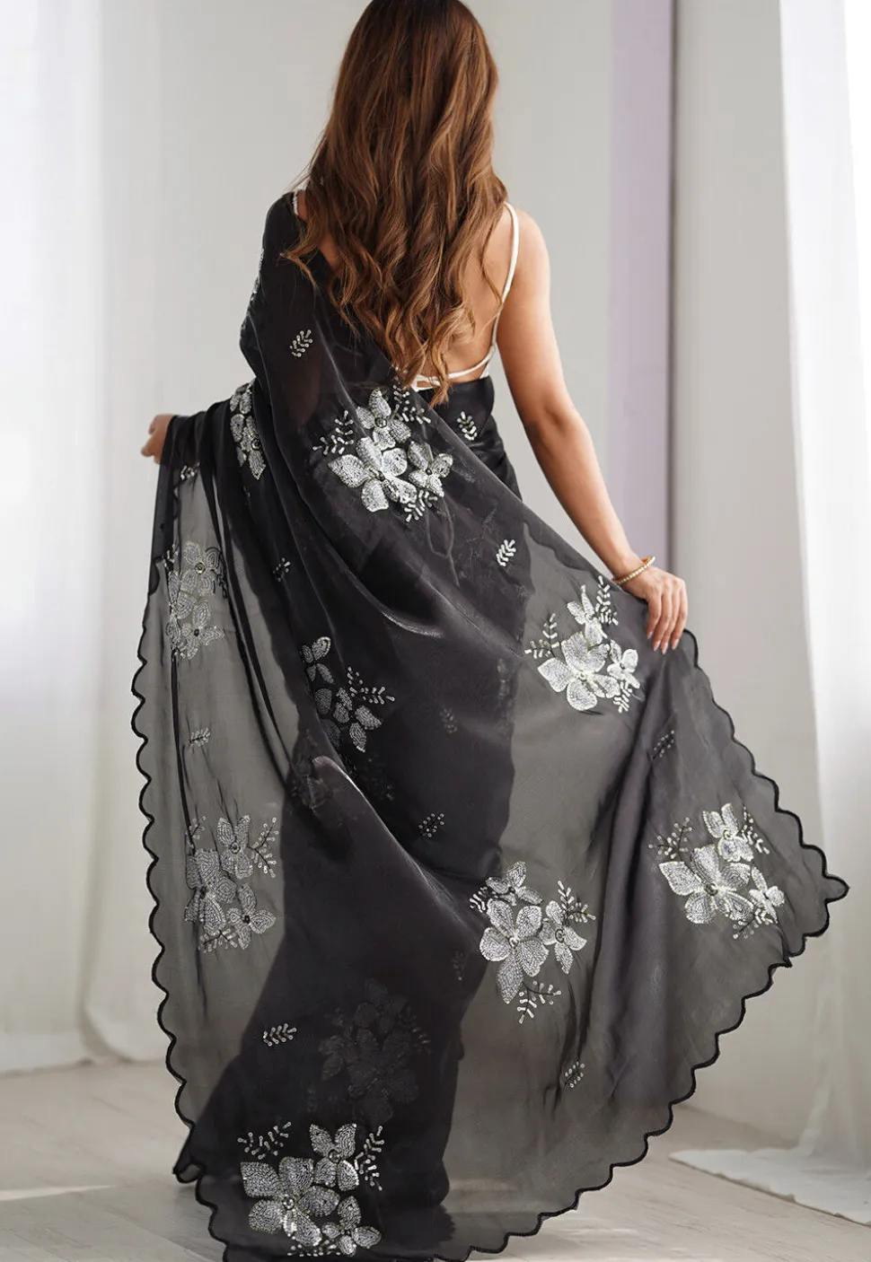 Embroidered Organza Scalloped Saree in Black
