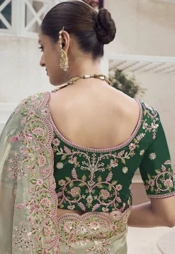 Embroidered Organza Scalloped Saree in Pastel Green