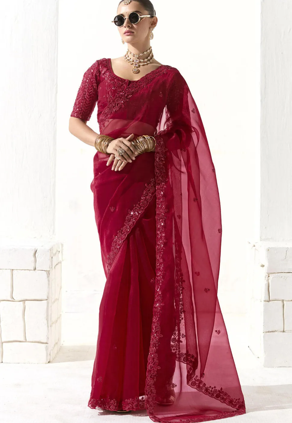 Embroidered Organza Scalloped Saree in Maroon