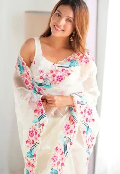 Embroidered Organza Scalloped Saree in Off White