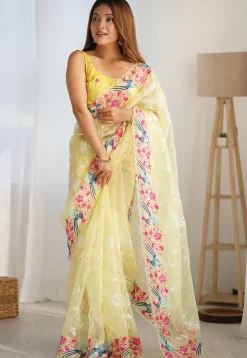 Embroidered Organza Scalloped Saree in Yellow