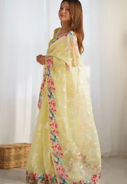 Embroidered Organza Scalloped Saree in Yellow