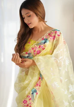 Embroidered Organza Scalloped Saree in Yellow