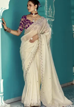 Embroidered Organza Shimmer Scalloped Saree in Off White