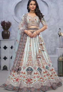 Embroidered Organza Silk Lehenga in Sea Green