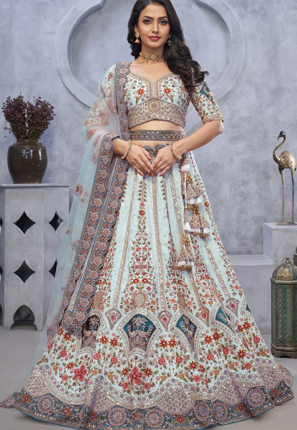 Embroidered Organza Silk Lehenga in Sea Green