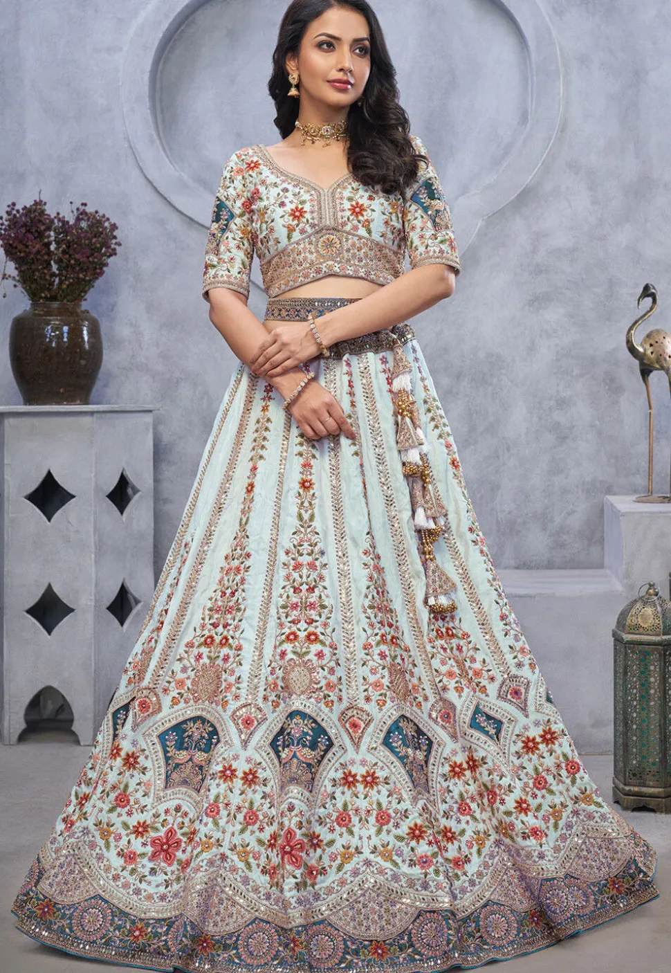 Embroidered Organza Silk Lehenga in Sea Green