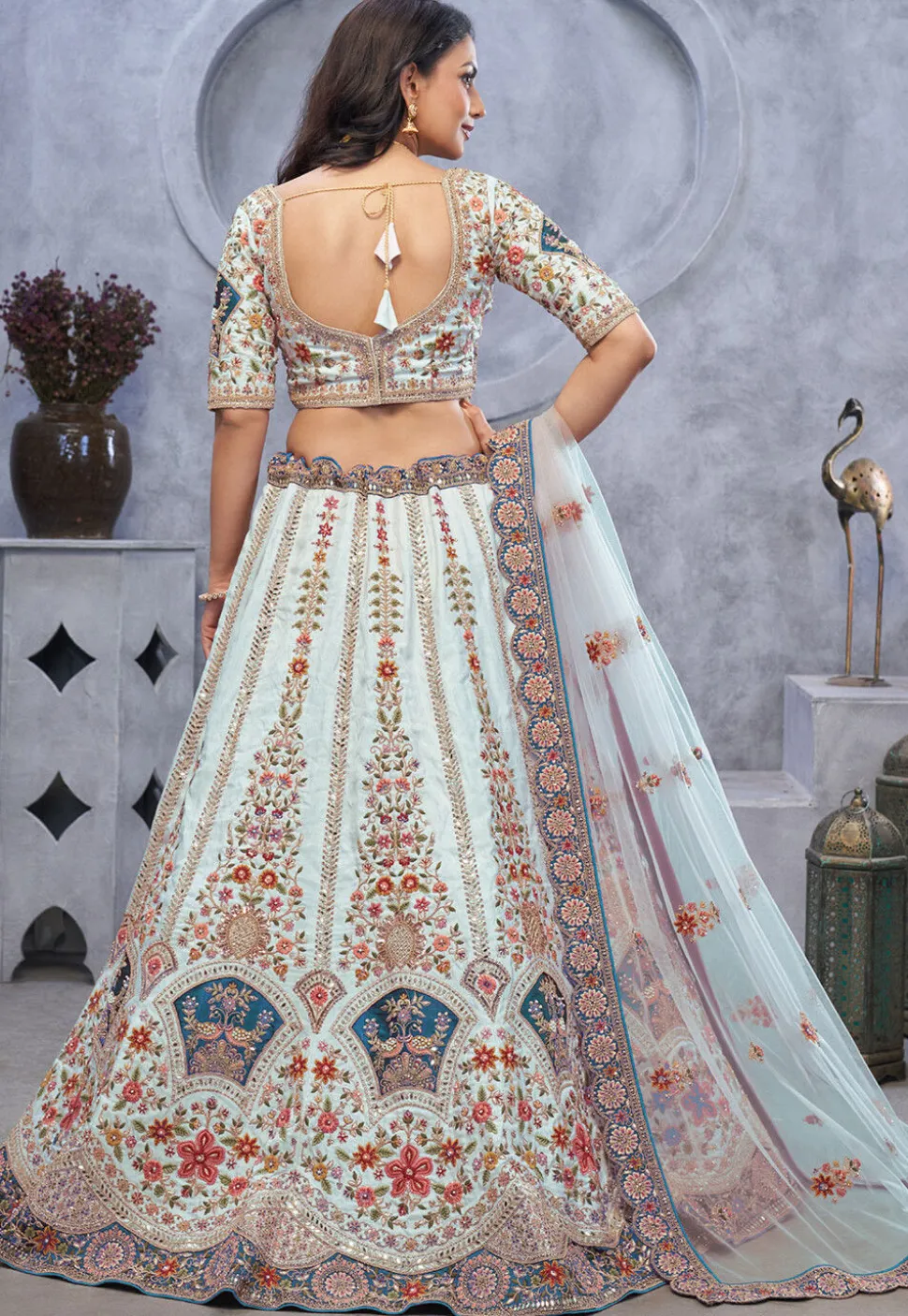 Embroidered Organza Silk Lehenga in Sea Green