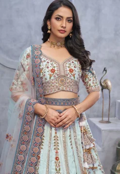 Embroidered Organza Silk Lehenga in Sea Green