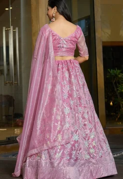Embroidered Organza Silk Lehenga in Pink