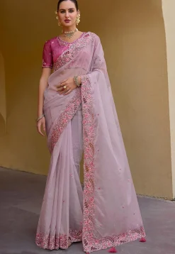 Embroidered Organza Silk Saree in Light Purple