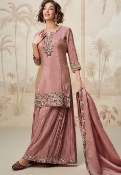 Embroidered Organza Silk Pakistani Suit in Peach