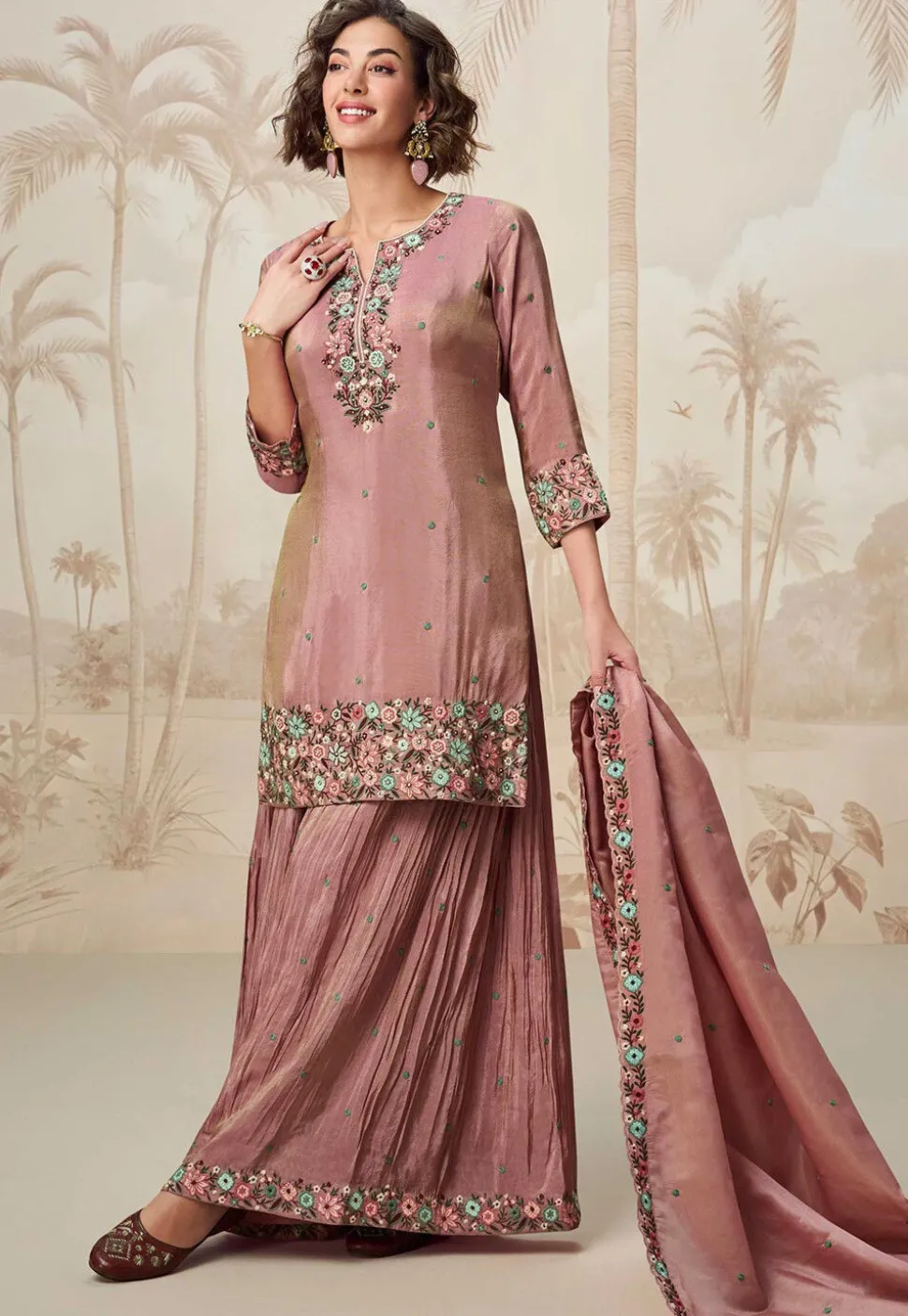 Embroidered Organza Silk Pakistani Suit in Peach