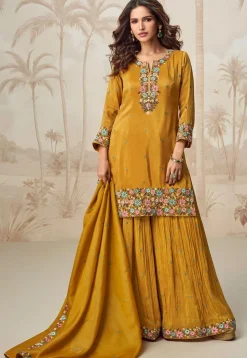 Embroidered Organza Silk Pakistani Suit in Mustard