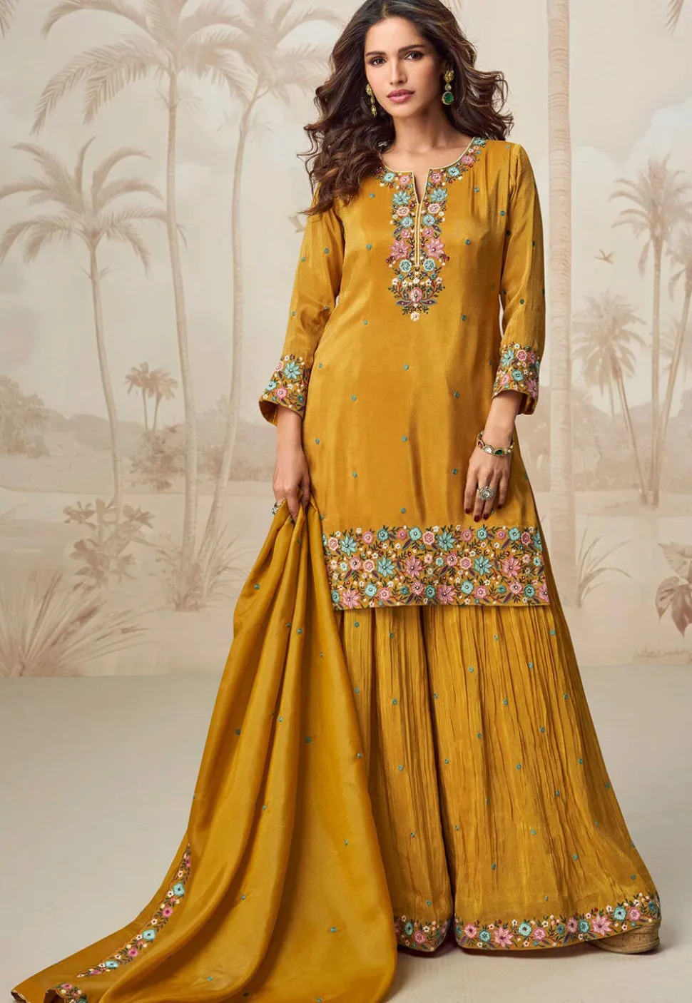 Embroidered Organza Silk Pakistani Suit in Mustard