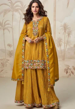 Embroidered Organza Silk Pakistani Suit in Mustard
