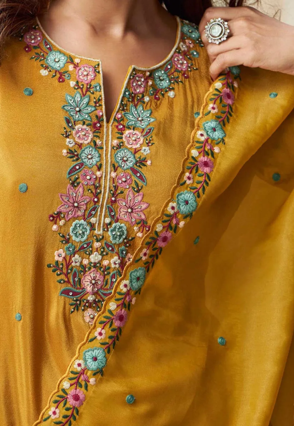 Embroidered Organza Silk Pakistani Suit in Mustard
