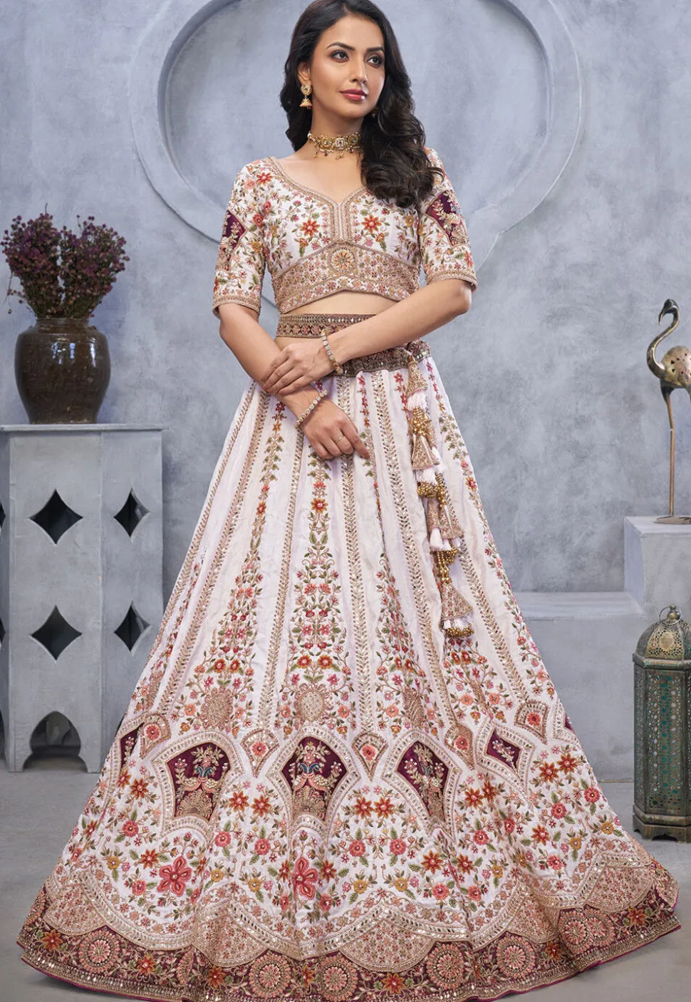 Embroidered Organza Silk Lehenga in Off White