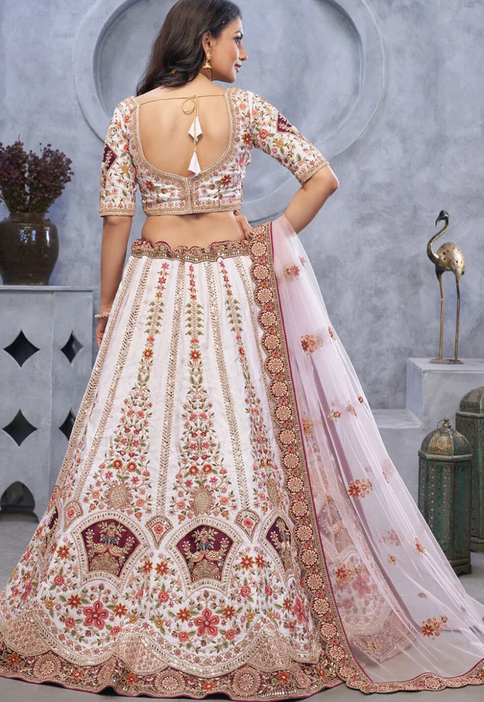 Embroidered Organza Silk Lehenga in Off White