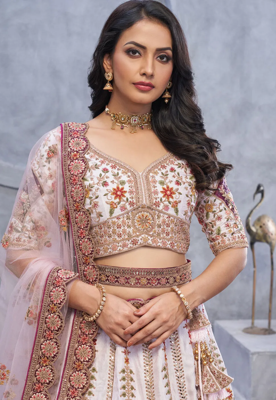 Embroidered Organza Silk Lehenga in Off White
