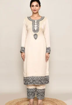 Embroidered Organza Silk Straight Kurta in Beige