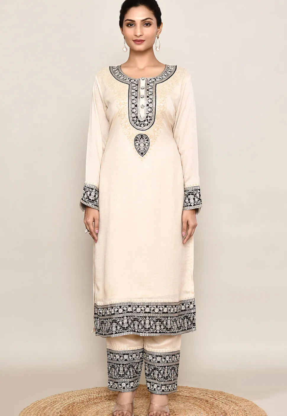 Embroidered Organza Silk Straight Kurta in Beige