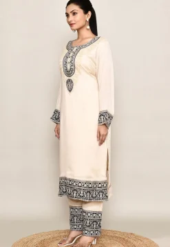 Embroidered Organza Silk Straight Kurta in Beige