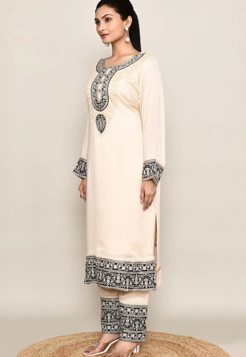 Embroidered Organza Silk Straight Kurta in Beige