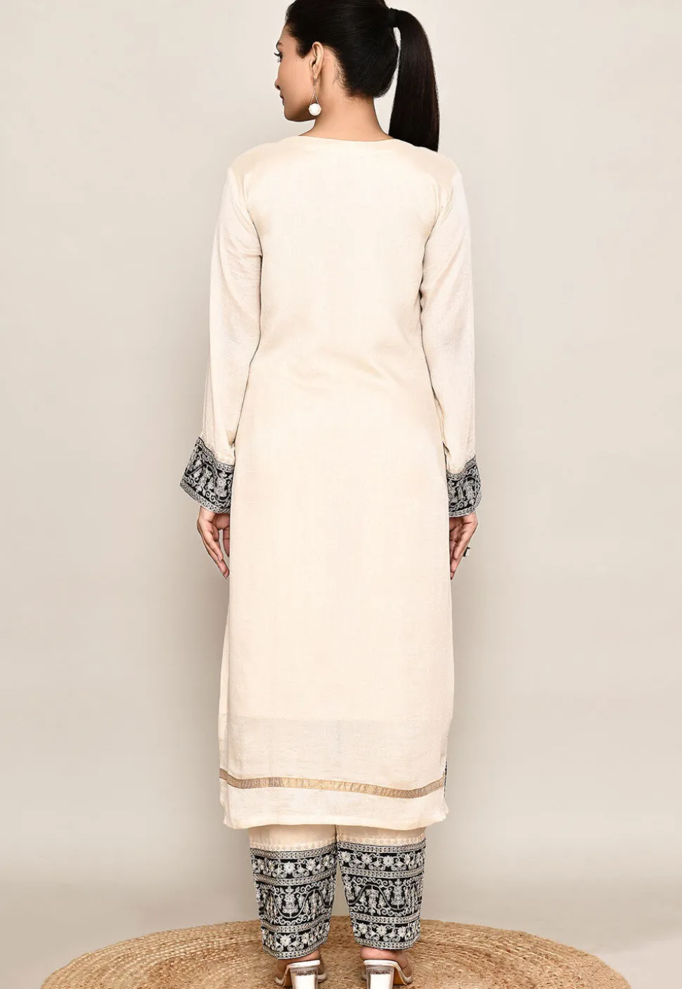 Embroidered Organza Silk Straight Kurta in Beige