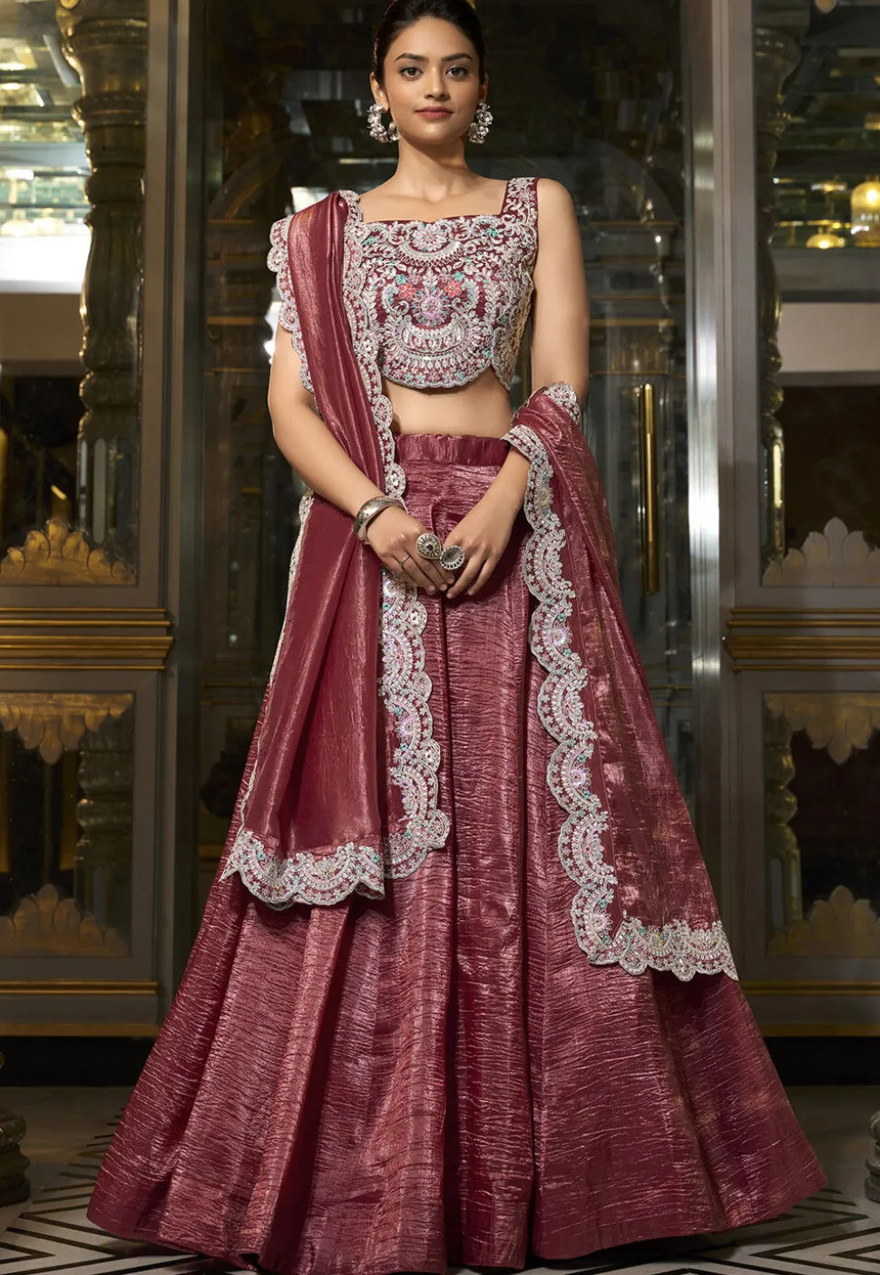 Embroidered Organza Silk Lehenga in Maroon