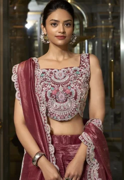 Embroidered Organza Silk Lehenga in Maroon