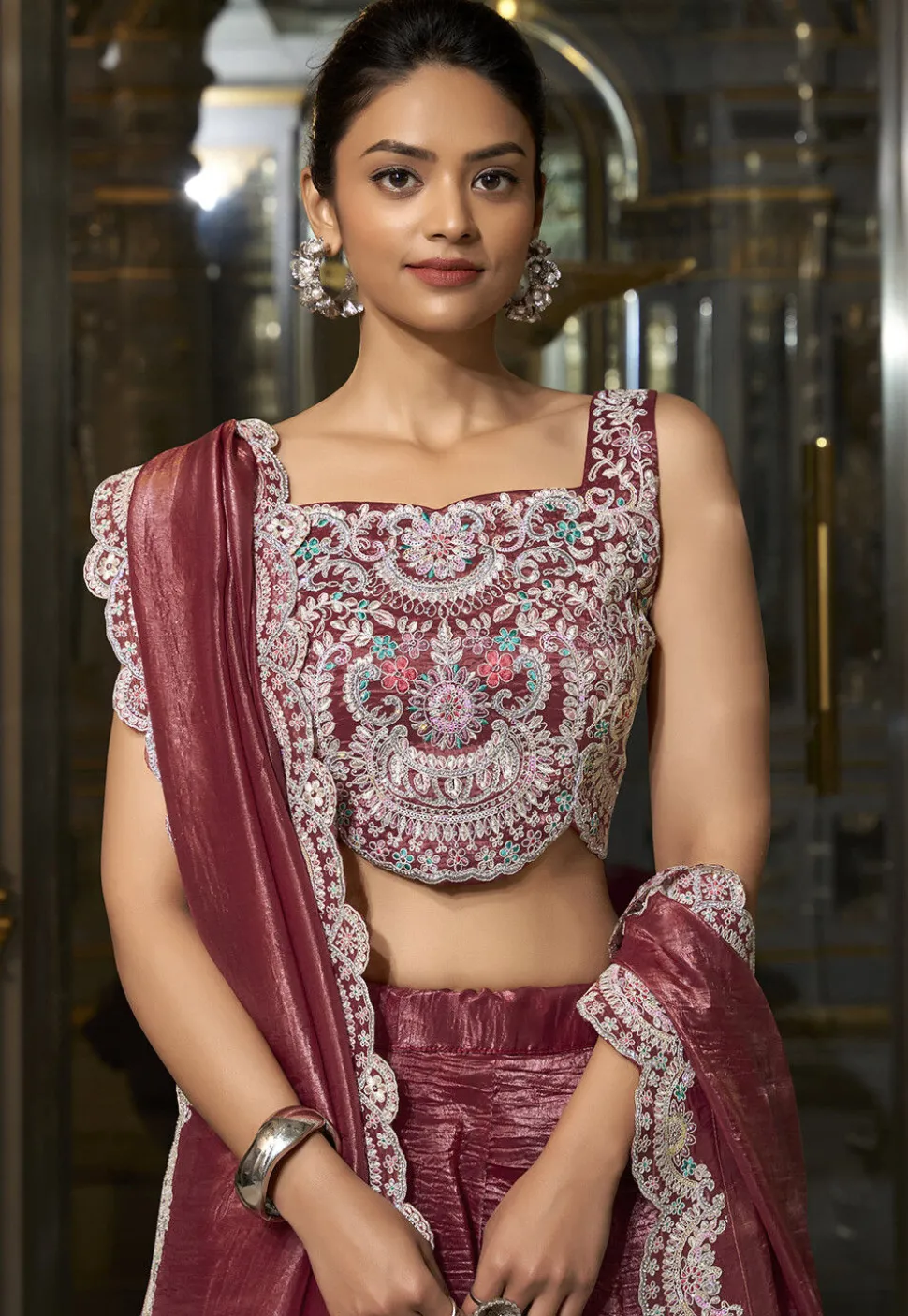 Embroidered Organza Silk Lehenga in Maroon