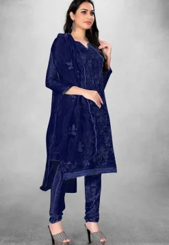 Embroidered Organza Straight Suit in Blue
